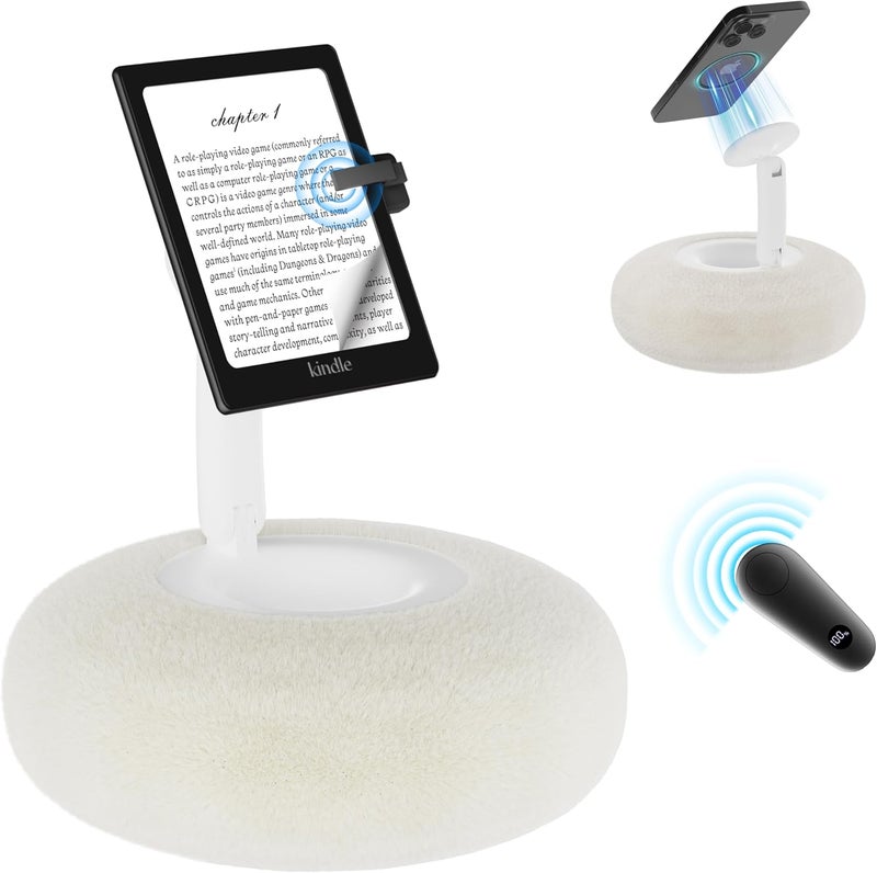 VOLTIFYMAX Magnetic Kindle Holder with Page Turner, Cozy Pillow Kindle Stand for Reading, 360° Adjustable Phone Holder for Bed, Small Bowl for Tablet Stand with Stable Suction Base (White) - Image 1
